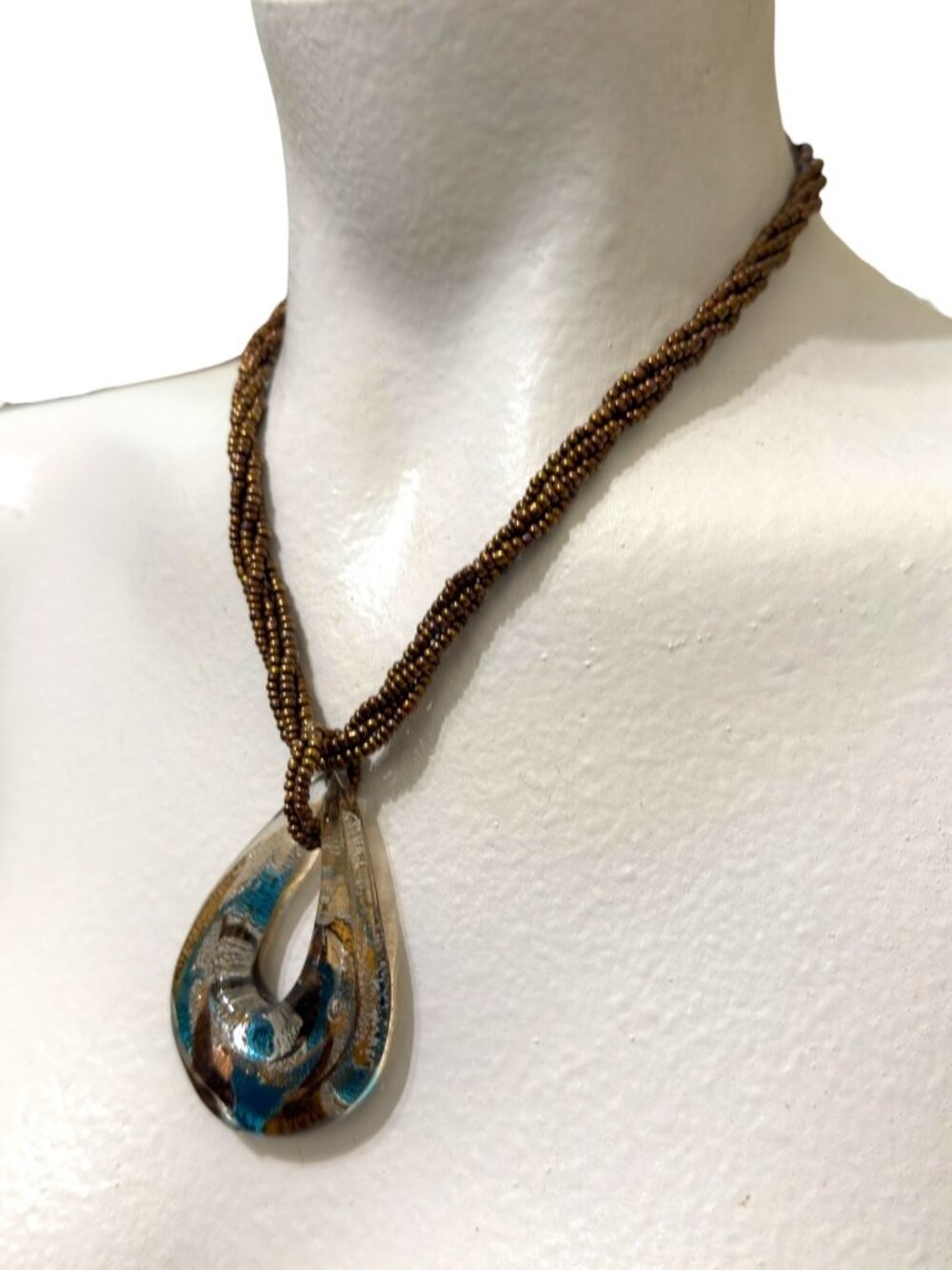 Vintage Murano Glass Teardrop Pendant Necklace With Bronze Beaded Cord - Picture 4 of 9